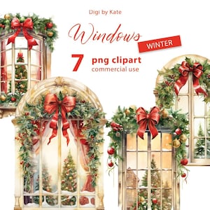 Hiver Rouge et Vert Windows 7 PNG Clipart Set avec une vue d’hiver, Illustrations aquarelle d’hiver sur fond transparent