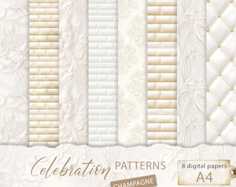 Könnte beinhalten: Acht digitale Papiermuster in einem Champagner-Farbschema. Die Muster umfassen eine weiße Backsteinmauer, ein weißes Damastmuster, ein weißes gestepptes Muster und ein weißes Blumenmuster. Der Text "Celebration Patterns" und "Champagne" ist im Bild enthalten.