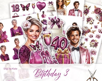 May include: Four printable pages of digital scrapbook paper featuring a pink and purple color scheme with images of cakes, flowers, butterflies, and people. The text "Birthday 3" and "4 pages - FUSSY CUT" are included on the pages.