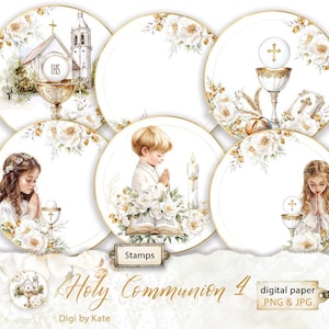 Pode incluir: Conjunto de seis papéis digitais com ilustrações de uma igreja, uma criança rezando, um cálice e flores brancas. Os papéis são projetados para uso em scrapbooking, criação de cartões e outras manualidades de papel. Os papéis estão em formato PNG e JPG.