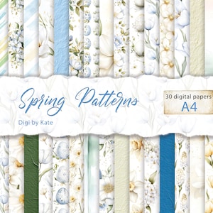 Frühlingsmuster auf 30 A4 JPG Seiten, Pastell Blauer und Pastell Gelber Hintergrund für Scrapbook und Junk Journal