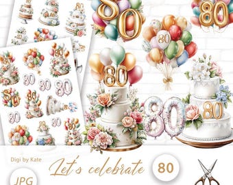 Let's celebrate 80 Fussy Cut on 2 A4 JPG Pages for Journals and Scrapbooks, Print and Cut Balloons and Cakes