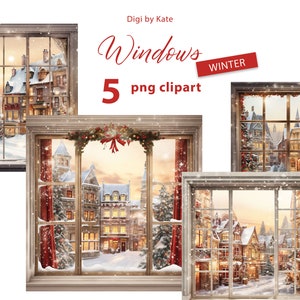 Winter Red and Gold Windows 5 PNG Clipart Set with a Winter View of a Snowy Town, Winter Watercolor Illustrations on Transparent Background