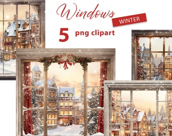 Vinterröd och guldfärgad Windows 5 PNG Clipart-set med en vintervy av en snöig stad, vinterakvarell illustrationer på transparent bakgrund