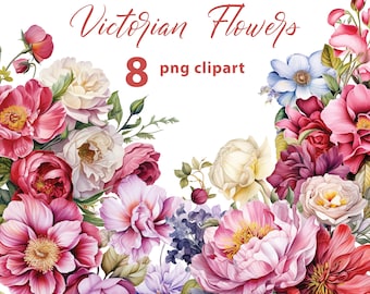 Victorian Flower Bouquet 8 PNG Clipart Set, Victorian Flowers Watercolor Bundle, Vintage Bouquet PNG Graphics, Transparent Background