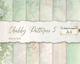 Shabby Patterns 5 w jasnych kolorach szałwii na 12 stronach A4 JPG