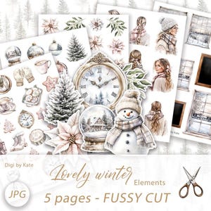 Elementos de inverno Fussy Cut em 5 folhas A4 JPG, imagens de Natal para Junk Journal e Scrapbooking