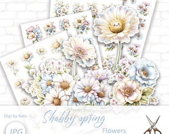 Shabby Spring Flowers Fussy Cut Pastel Elements on 4 A4 Pages for Journaling and Scrapbooking
