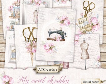 My Sweet Shabby Sewing Cards Digital, Costura ATC, Imprimible Coser Shabby Ephemera, Shabby Journal ATC, Tarjetas de costura Shabby imprimibles