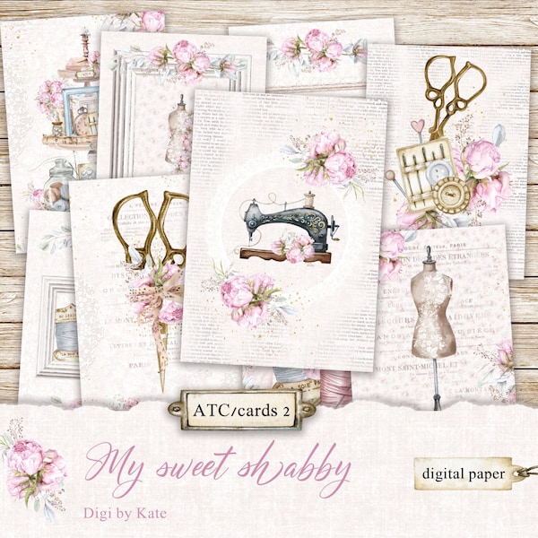 My Sweet Shabby Sewing Cards Digital, Couture ATC, Printable Sew Shabby Ephemera, Shabby Journal ATC, Printable Shabby Sewing Cards