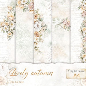 Papel digital Pastel Autumn 5 A4 es un juego de papeles digitales en colores verde, beige y blanco perfecto para Junk Journal.