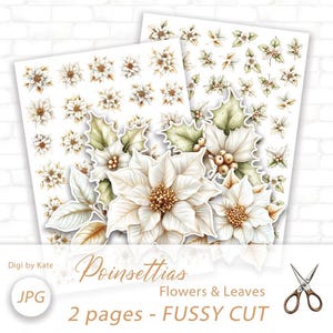 Vitguldfärgade julstjärnor och vinterlöv, kräsna snittelement på 2 A4-sidor för dagbok och scrapbooking
