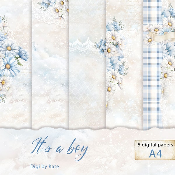 It's a Boy 5 A4 is a Digital Paper Set for Special Occasions such as Birth of a Baby Boy, Friend's Birthday, Wedding or Christening