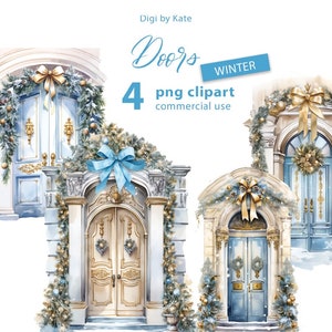 Winter Blue Doors 4 PNG Clipart Set, Winter Watercolor Illustrations on Transparent Background