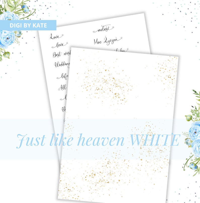 Blue and Gold Digital Paper, Polish English Words, Blue Floral Wedding Digital Paper, Wedding Words Printable, Wedding Backgrounds Papers image 5