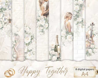 Happy Together 8 A4 ist ein digitales Hochzeitspapier-Set mit einem elfenbeinfarbenen Hintergrund