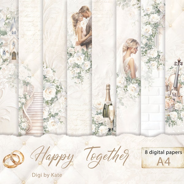 Happy Together 8 A4 is a Wedding Digital Paper Set with an Ivory Background