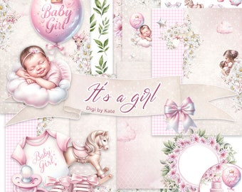 It' a Girl is a Digital Paper Bundle for a Birth of a Baby Girl, Baby Shower or Gender Reveal Party