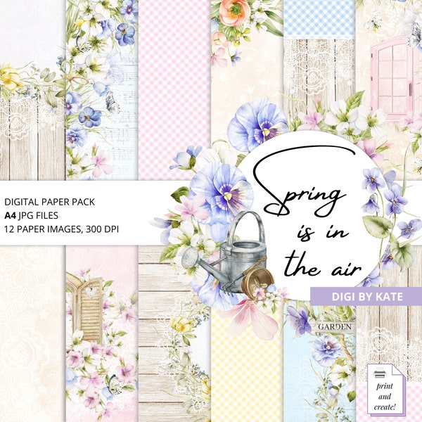 Pastel Spring Digital Paper, Garden Scrapbook Printable Paper, Yellow and Blue Background, Lace and Wood Paper, Garden Invitation Background