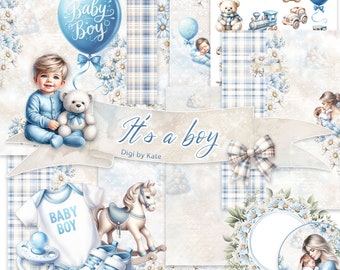 May include: A digital paper pack with a blue and white plaid pattern, a baby boy theme, and the text "It's a boy" and "Digi by Kate". The pack includes images of a baby boy, a teddy bear, a rocking horse, a pacifier, a baby bottle, a star, a train, a car, and a balloon that says "Baby Boy".