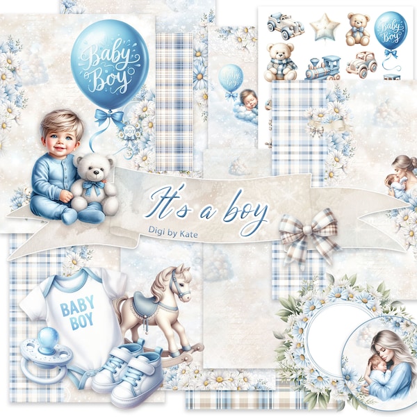 It' a Boy ist ein digitales Papier-Set für die Geburt eines kleinen Jungen, Baby Shower oder Gender Reveal Party