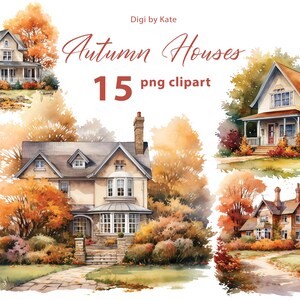 Herfsthuizen 15 png-clipartset, herfst aquarel huizen, herfst png-huisillustraties, transparante achtergrond