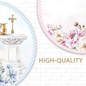 May include: A watercolor design featuring a baptismal font, cross, and floral elements. The image includes a gold-colored cross and pitcher, with the text "HIGH-QUALITY" in gold lettering. The design has a soft, pastel color palette.