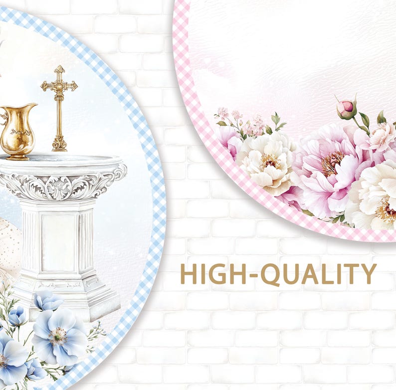 May include: A watercolor design featuring a baptismal font, cross, and floral elements. The image includes a gold-colored cross and pitcher, with the text "HIGH-QUALITY" in gold lettering. The design has a soft, pastel color palette.