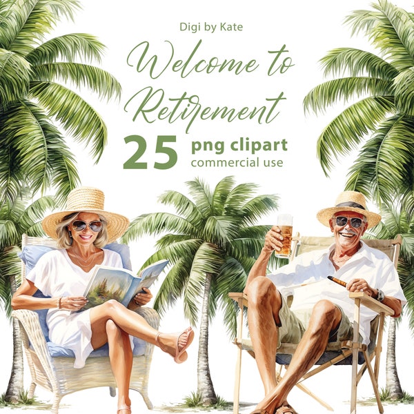 Welcome to Retirement 25 PNG Clipart Set, Pensioner Watercolor, Retirement on the Beach Illustrations, Retiree PNG, Transparent Background