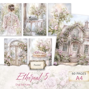 Ethereal 5 pastel 60 A4 Seiten mit Shabby Chic Style Grafiken, romantischer Hintergrund Scrapbook Papier, Journal Digitales Papier