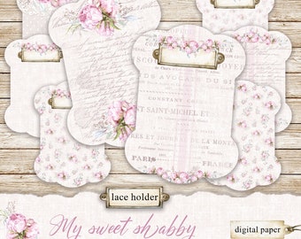 Papier numérique My Sweet Shabby Lace Holder, papier de scrapbooking shabby chic, papier rose minable, lacets minables romantiques, support pour lacet à coudre