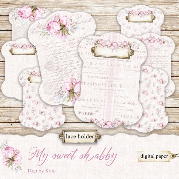 Papier numérique My Sweet Shabby Lace Holder, papier de scrapbooking shabby chic, papier rose minable, lacets minables romantiques, support pour lacet à coudre