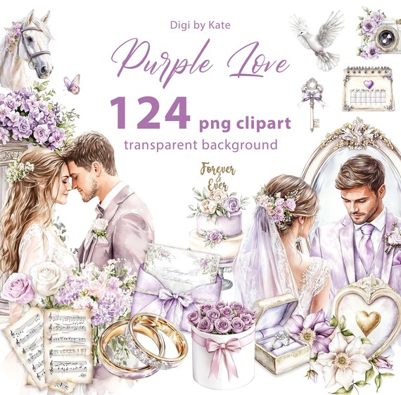 124 Pastel Purple Wedding PNG Cliparts on transparent background