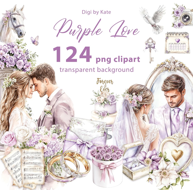 K&ouml;nnte beinhalten: Aquarell-Clipart-Set mit dem Titel "Purple Love" mit Illustrationen zum Thema Hochzeit. Enth&auml;lt Bilder von einem Paar, Ringen, Kuchen, Blumen und anderen dekorativen Elementen. Das Set enth&auml;lt 124 PNG-Cliparts mit transparentem Hintergrund.