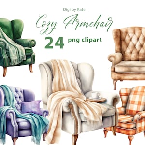 Otoño acogedor sillón 24 PNG Clipart Set, sillón de acuarela de otoño, ilustraciones de sillón PNG de otoño, diarios basura, fondo transparente