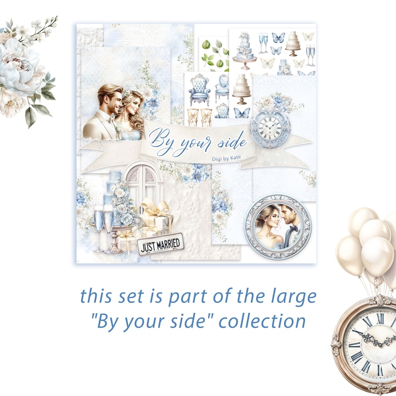 Wedding Elements Fussy Cut on 3 A4 JPG Pages with Blue and Ivory Images to Print and Cut