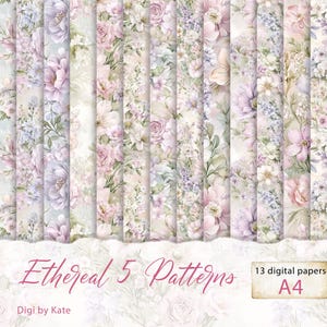 Pastell Blumenmuster auf 13 A4 JPG Seiten, Rosa Blau Grün Shabby Chic Blumen Hintergründe für Scrapbook und Junk Journal