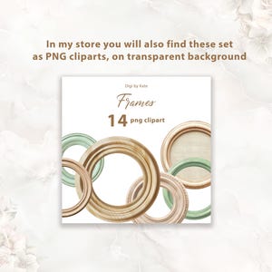 May include: A set of 14 digital frames in various shapes and sizes. The frames are in shades of green, brown, and beige. The frames are on a white background. Digi by Kate Frames 14 png clipart