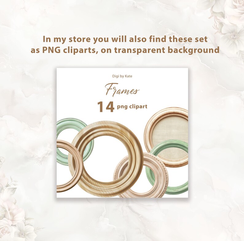 May include: A set of 14 digital frames in various shapes and sizes. The frames are in shades of green, brown, and beige. The frames are on a white background. Digi by Kate Frames 14 png clipart