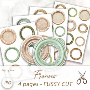 Könnte beinhalten: Vier druckbare Seiten mit verschiedenen runden Rahmen in Grün- und Brauntönen. Die Rahmen sind zum Präzisionsschneiden gedacht und mit "Rahmen" beschriftet.
