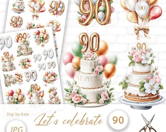 Let's celebrate 90 Fussy Cut on 2 A4 JPG Pages for Journals and Scrapbooks, Print and Cut Balloons and Cakes