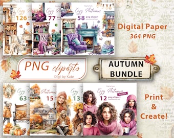 Autumn Bundle 364 PNG Clipart, Fall Junk Journal Elements, Autumn Pumpkin Clipart, PNG Autumn Leaves Women Fireplace, Transparent Background