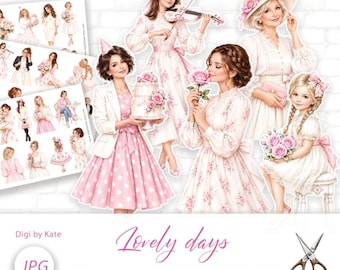 Lovely Days Fussy Cut on 3 A4 JPG Sheets, Pastel Pink Images for Scrapbooking and Journaling