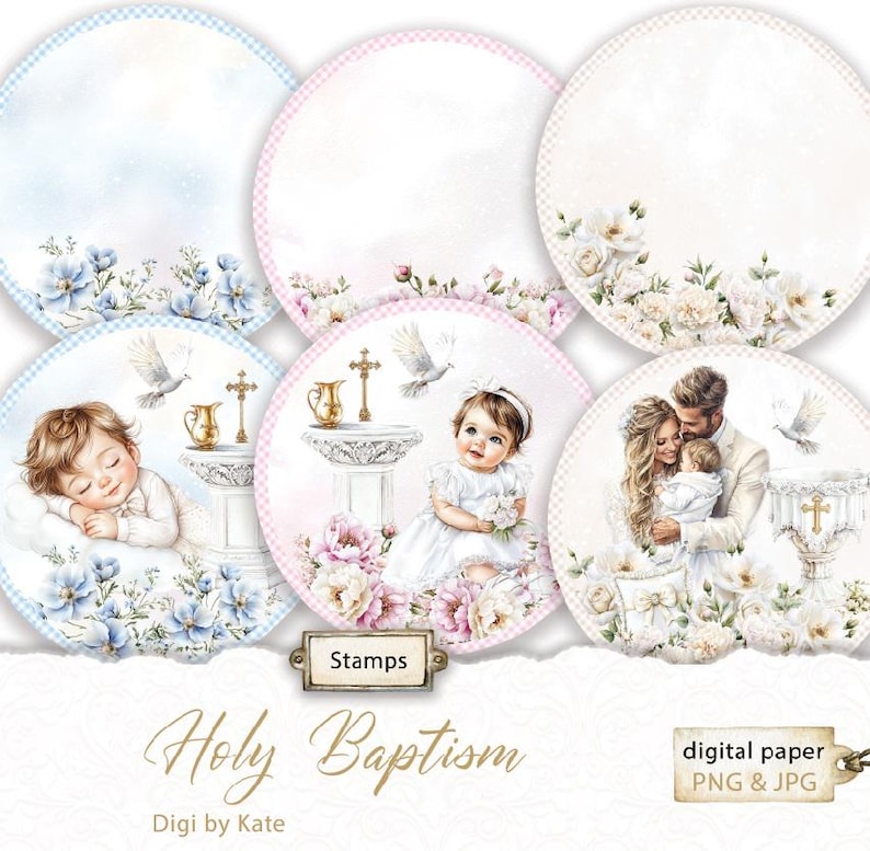 May include: A collection of round digital papers with baptism-themed illustrations. The designs feature babies, doves, floral arrangements, and a family. The color palette includes soft blues, pinks, and whites, with the text "Holy Baptism" and "Stamps".