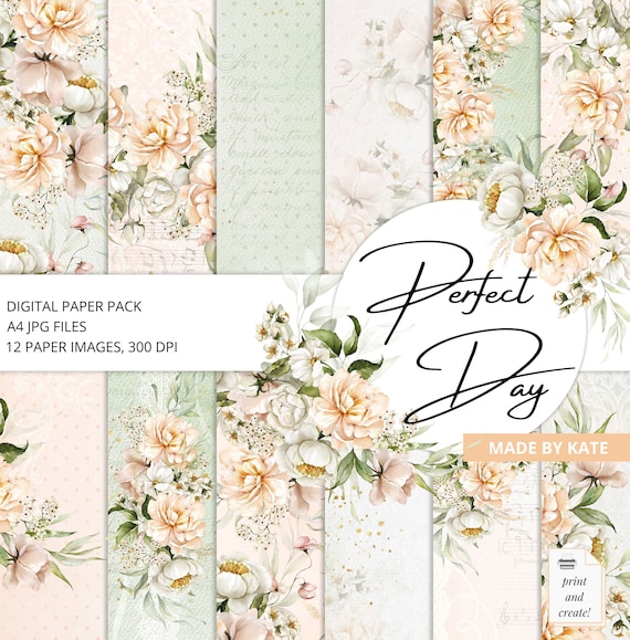 Peach and Green Wedding Digital Paper, Bridal Digital, Wedding