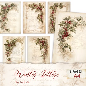 Winter Letters 9 A4 Pages with Vintage Style Graphics, Winter Journal Background Scrapbook Paper, Journal Pages