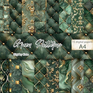 Vert bouteille et motifs dorés - Lot de 15 pages de scrapbooking élégantes A4 JPG