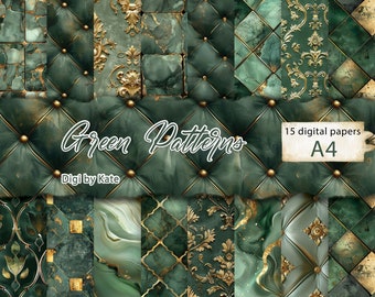 Bottle Green and Gold Patterns - Set of 15 A4 JPG Elegant Scrapbook Pages