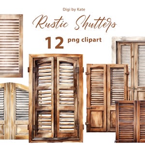Persianas rústicas 12 PNG Clipart Set, imágenes prediseñadas de contraventanas rústicas, acuarela de contraventanas de madera antigua, ilustraciones de contraventanas PNG, fondo transparente