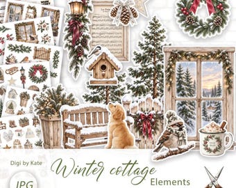 Winter Cottage Fussy Cut Elements on 7 A4 Pages for Scrapbooking